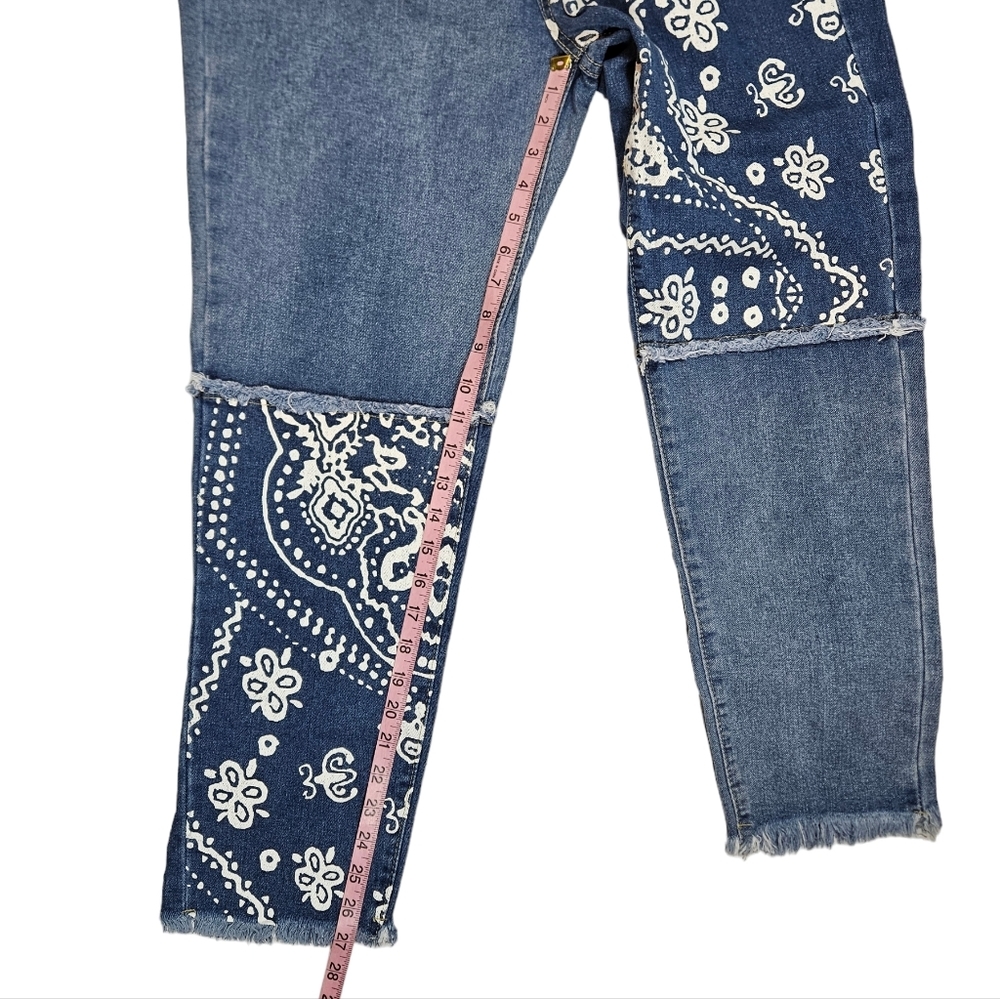 Paisley Print Patchwork Jeans Size Large Raw Hem Colorblock Denim Straight Leg - Picture 15 of 16